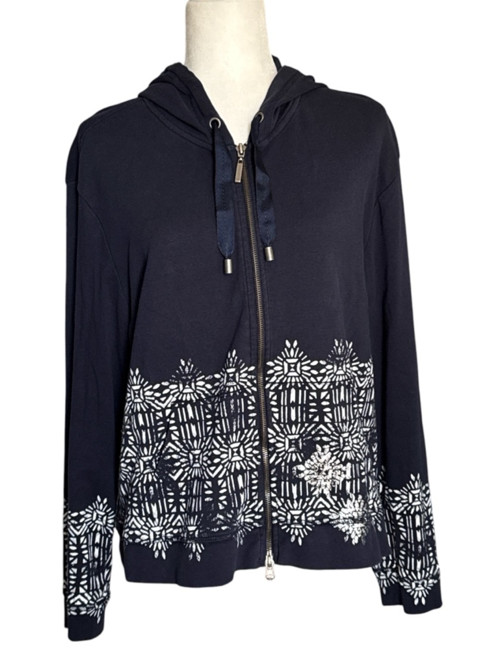 Chico’s Zenergy Navy Zip-Front Hoodie with White Pattern - Picture 6 of 11